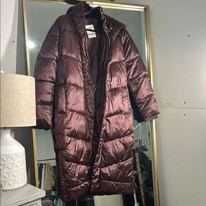 Abercrombie Women's Long Puffer Coat - Brown burgundy medium